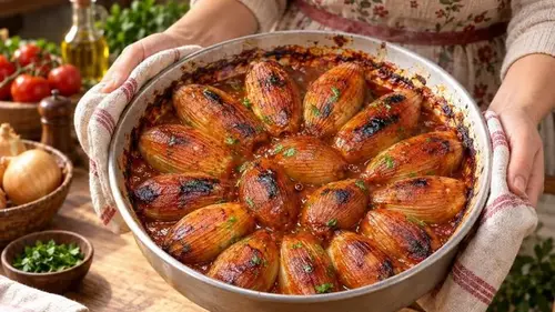 Soğan Dolması по-турецки: фаршированный лук с мясом, рисом и кисло-сладким соусом